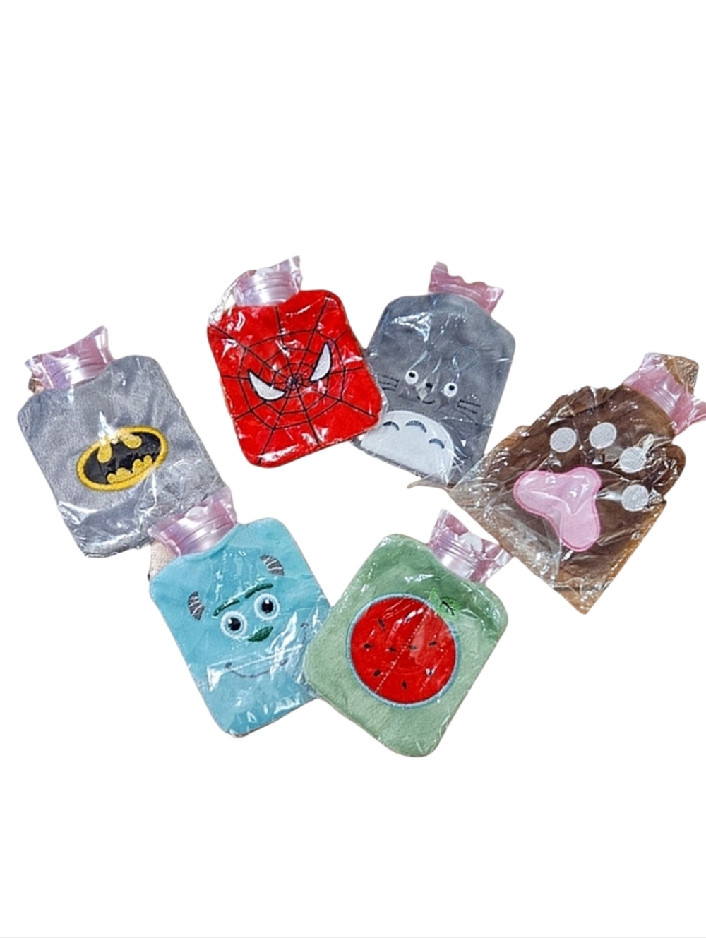 Six NEW Character Mini Hot Water Bottles w/ Fuzzy Covers Boo Boo Bags